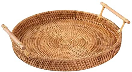 DACONGMING Bandeja de mimbre trenzada a mano, bandeja de almacenamiento decorativa redonda de ratán con asas, cesta rústica para desayuno, fruta, aperitivos, café y té (C, talla única)