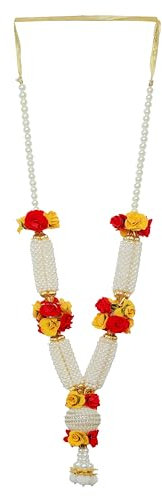 Grande ghirlanda di fiori artificiali rossi e gialli con rose, Haar Mala per idolo, Mala per Dio, Pooja Sringar articoli ornamento per decorazione multiuso (dimensioni: - 40,6 cm)
