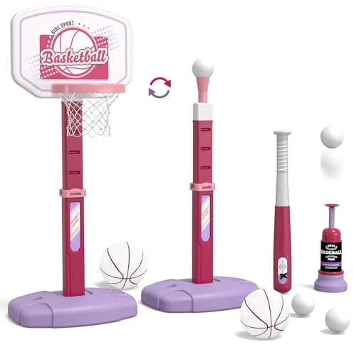 HYES 2 en 1 Panier Basket Enfant, Mini Panier Basket pour Extérieur Intérieur, Hauteur réglable de 70 à 100 cm, Jouets de Baseball pour Garçons et Filles de 3 à 12 Ans, Rose