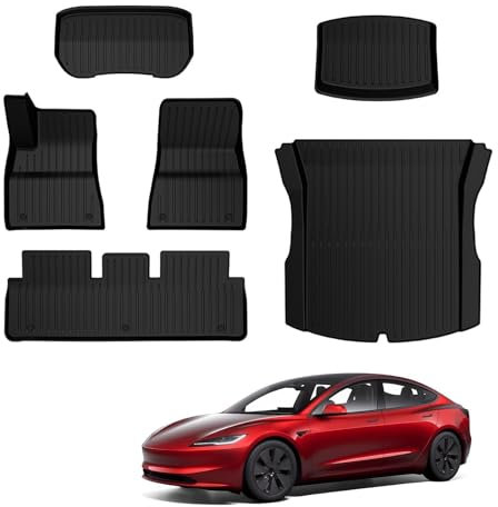 BASENOR 2024 2025 Tesla Model 3 Fußmatten Full Set Liner Allwetter Anti Rutsch wasserdichte Frunk und Kofferraummatten Zubehör Kompatibel mit Model 3 Highland