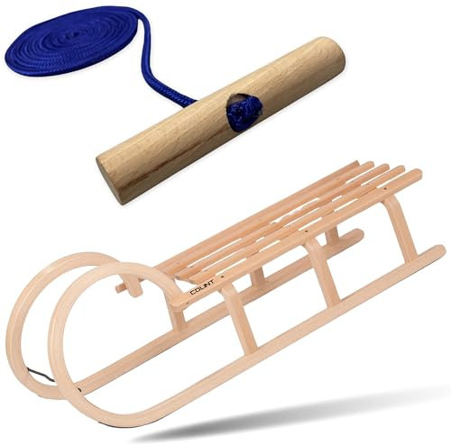 Explorer Colint Holzschlitten mit Rückenlehne für Kinder ab 1 Jahr und Erwachsene Set Schlitten Holz Hörnerschlitten mit Leine in Blau 110cm