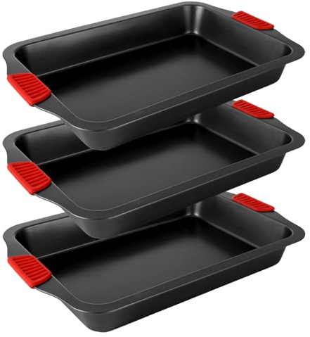 WOPPLXY Juego de 3 bandejas de horno antiadherentes, 40 x 26 x 5 cm, con asas de silicona, sin PFOA, bandeja de acero al carbono para hornear y servir alimentos