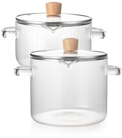 2 Stück klar zum Kochen, Simmer, hitzebeständig, transparent, 1,8 & 2,3 l Stielkasserolle mit Deckelgriff, Kochgeschirr, Herd und Pfanne mit Deckel für Nudeln, Salat, Nudeln