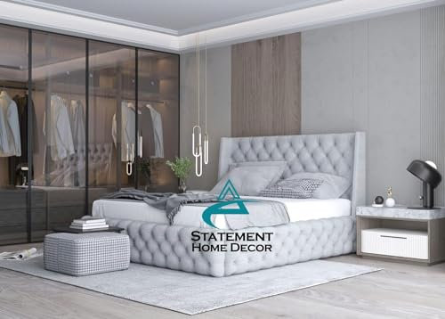 Winged Bed Frame | King Size Bed with Storage (Steel Plush Velvet, Double)