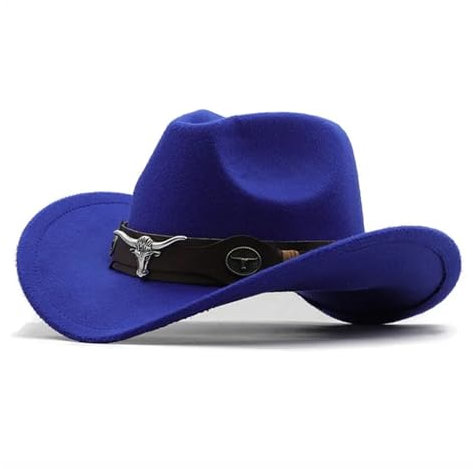 Westernhut Cowboyhut Rollkrempe Cowgirl Cap Cowboy Jazz Fedora Hut Filzmütze mit Kuhband für Damen Herren Kinder, blau, Kids 52-54cm
