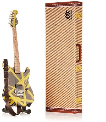 EVH Bumblebee Miniature Guitar | Handmade Wooden Mini Replica by Axe Legends | Includes Personalised Mini Leather Guitar Strap and A-Frame Display Stand | 25 cms Tall | Shipped in Gift Box
