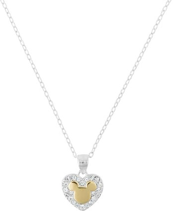 Mickey Mouse Damen-Halskette aus Sterlingsilber, zweifarbig, Kristall, Pavé-Fassung, Herz-Anhänger, Sterlingsilber + zweifarbige Beschichtung