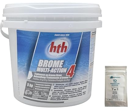 EASYPISCINE Brome Multifonction HTH® Brome 4 Actions en pastilles 20 g - 5 kg + 12 Tests OFFERTS 7 en 1