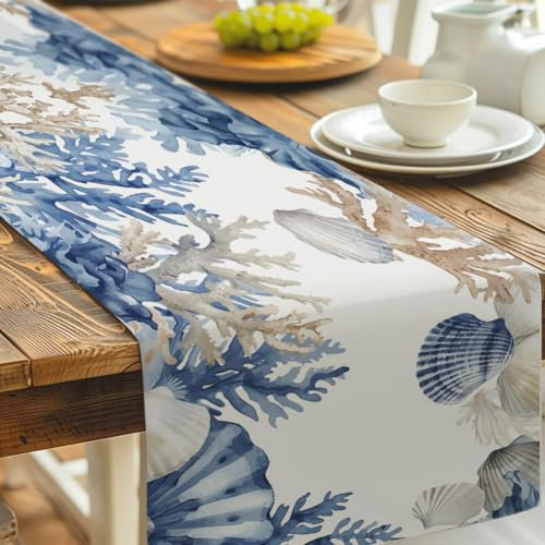 NBEADS Thema Meer Tisch Läufer, Muschel-Muster Tischtuch Blaue Polyester-Tischdecke Sommer Tischläufer Saisonnal Küche Tisch Dekoration für Zuhause Party Fest Dekoration, 33x229cm