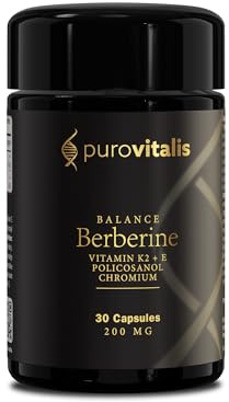 PUROVITALIS Dihydroberberin (DHB) 200mg, Chrom, Vitamin K2 & E, 30 Kapseln | Hochdosiertes Berberin mit Policosanol und Chrom; Blutzucker; 1-Monatsvorrat, glutenfrei, GMP, vegan