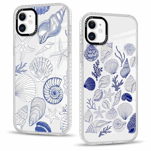 Phoona 2 packs Phone Case for iPhone 11 6,1'', Seashell Pattern with Cute Clear Transparent Aesthetics Design Cover, Soft Shockproof Protective Bumper Slim Funda for Women Girls