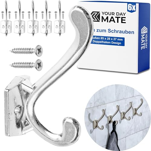 Haken zum Schrauben, 6 Stück, in Silber, Außen 85 x 28 x 27 mm, Doppelhaken inkl. Holzschrauben, Garderobenhaken für Tür, Bad, Küche, Flur, Büro, DIY Metallhaken, Mantelhaken, Huthaken, Wand Haken