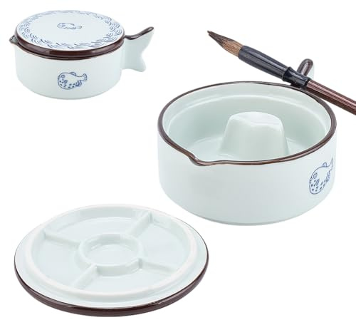 PH PandaHall Plato de tinta de porcelana, plato de tinta de cerámica con forma de pez, plato de tinta de cerámica con soporte para pinceles, cuenco multifuncional para caligrafía, práctica china
