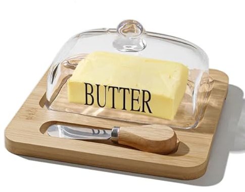 Butterdose mit Glasdeckel und Bambusbrett + Messer – elegante Butterbox für frische Aufbewahrung, modernes Küchendesign