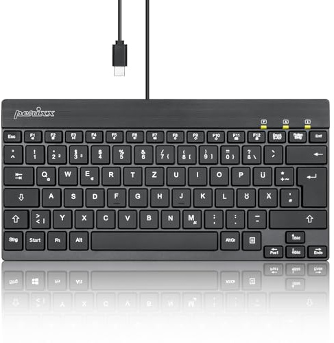 Perixx PERIBOARD-426C Kabelgebundene Mini-Tastatur mit niedrigem Profil, Kompaktes Design, 1,5 m USB-C-Kabel, Deutsches QWERTZ-Layout