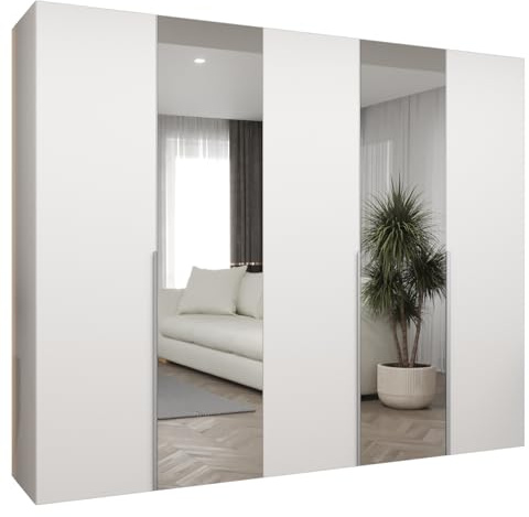 MEBLE KRYSPOL - Kleiderschrank mit Spiegel - Drehtürenschrank - Schrank 250 x 202 x 52 cm - Garderobenschrank Schlafzimmer, Flur, Jugendzimmer - Weiß, Griff Kaschmir - Alicante 2