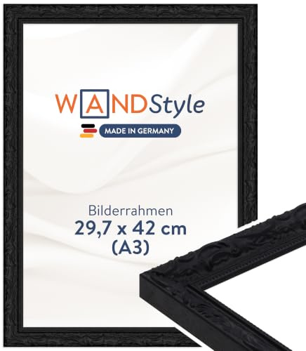 WANDStyle Bilderrahmen A3 Holz, DIN A3 Bilderrahmen Schwarz Vintage 42x30 | Hochwertiger Holzbilderrahmen Antik, Posterrahmen zum Aufhängen, Rahmen 30x42 cm, Fotorahmen H530 Made in Germany