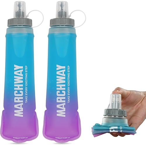 MARCHWAY Soft Hydration Flask with Wide Mouth, 300ml/500ml Collapsible TPU Water Bottle, Leakproof Portable Flexible for Running, Hiking, Cycling, Climbing, Gym, Travel (2pcs Blue-Purple 300ml)