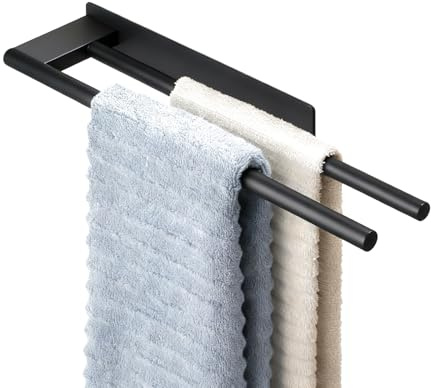WIXOVO Porte Serviette Salle de Bain Mural sans Perçage, Double Barre Porte Torchon Cuisine en Acier Inoxydable, Porte-Serviettes Adhésif Autocollant, Support Serviette pour SDB, WC, Douche (Noir)