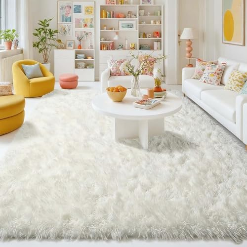 ARNTY Hochflor Teppich, Teppich Wohnzimmer Schlafzimmer Sinderzimmer Flauschiger Waschbarer Anti-Rutsch Extra Große Moderner Teppiche (Cremeweiß, 120x160cm)