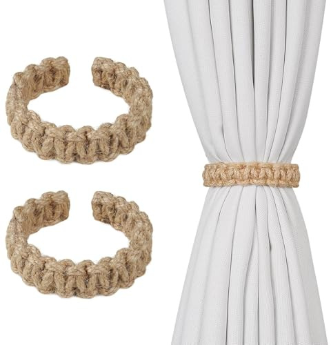MVOLEGDE 2 Stück Braun Vorhang Raffhalter,Boho Raffhalter für Vorhänge,Boho Gardinen Kordel,Leinen Gardinen Raffhalters,Retro Vorhang Kordel,für Zuhause Draußen Schlafzimmer Büro Dekorative Vorhänge