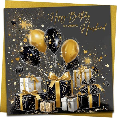 Geburtstagskarte für Ehemann, stilvolles goldfarbenes und schwarzes Geschenk und Luftballons, komplett mit metallisch-goldenem Umschlag