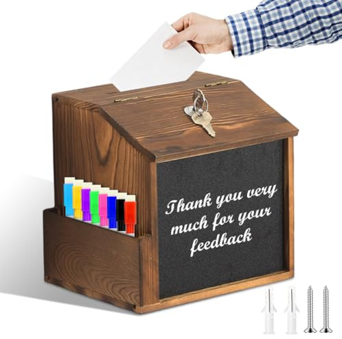 Holz Vorschlagsbox Spendenbox Abschließbar Mit 8-Farben-Tafelstift, Geldkassette Mit Schlitz, Kummerkasten, Briefkasten Holz Für Schule, Büro, Krankenhaus (21x20x16.5cm)