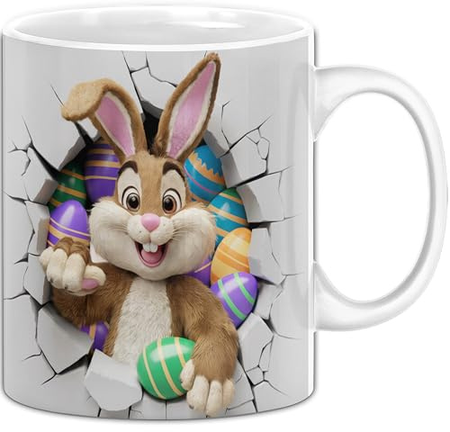 3D Osterhase Tasse Geschenk Osterhase Durchbruch Wand Spruch Geschenkidee für Osterhasen Liebhaber (Weiß)