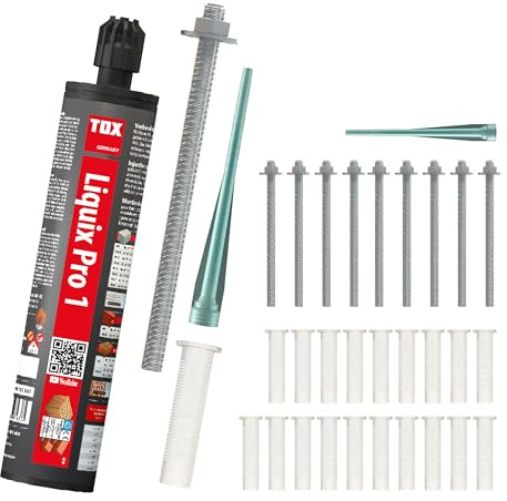 TOX Set für Chemie-Schwerlast-Befestigungen mit 1x Verbundmörtel Liquix Pro 1 styrolfrei 280 ml, 10x Gewindestange Stix-A4 M8x110, 20x Siebhülse Liquix Sleeve 12x80 mm, 31-tlg., 084909266