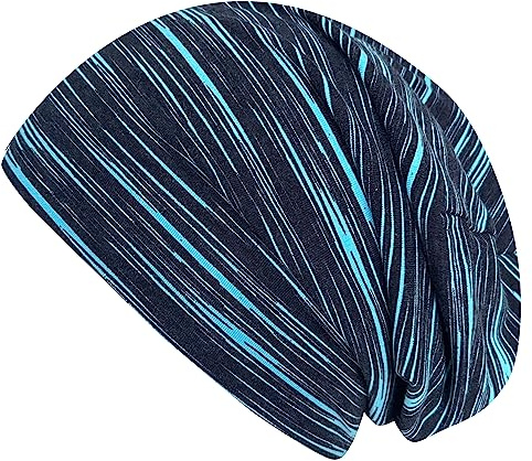 Wollhuhn Kinder Beanie – Zweilagige Longbeanie aus Jersey, wendbar & weich – mit Grauer Innenseite – Handmade in Deutschland – ganzjährig tragbar (Lines Türkis/Schwarz, L)