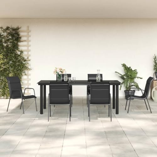 JHQHSM Salon de jardin 7 pièces en acier noir et textilène avec revêtement par pulvérisation et verre trempé - Meubles de terrasse robustes pour l'extérieur avec design résistant aux intempéries