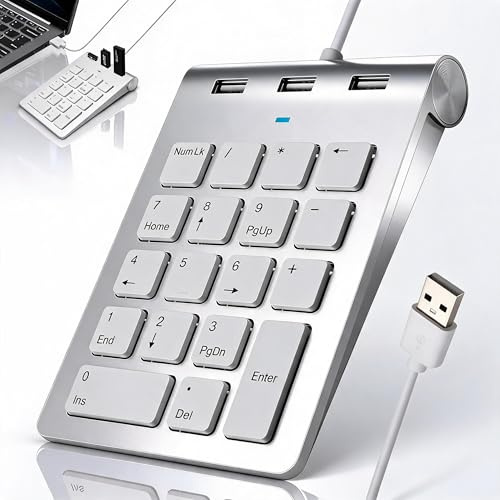 Astraveo Teclado Numérico Cableado USB-A Numpad Hub de 18 Teclas con 3 Puertos USB 2.0 Teclado Numerico Plug & Play para Laptop,PC de Escritorio, Surface Pro y MacBook, Compatible con Windows, macOS