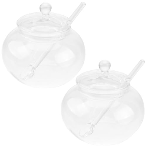 Healeved Glass Honey Jar with Spoon 2 Sets Transparent Seasoning Jar for Honey Sugar Condiments and Dry Goods Kitchen Storage Container for Breakfast Dining Table and Everyday Use