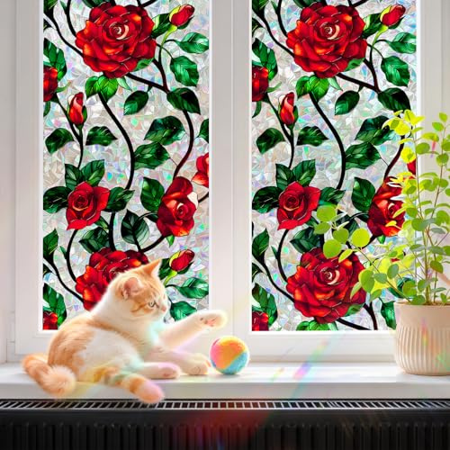 Zindoo Fensterfolie Sichtschutzfolie 3D Rosen Regenbogen 30 x 200 cm | Statisch haftend ohne Kleber, dekorativer Regenbogeneffekt, ideal für Fenster, Balkontüren, Bad, Küche und Wohnzimmer
