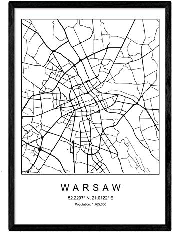 Drucken Stadtplan Warschau skandinavischen Stil in Schwarz und Weiß. A3 Größe Plakat Das bedruckte Papier Keine 250 gr. Gemälde, Drucke und Poster für Wohnzimmer und Schlafzimmer