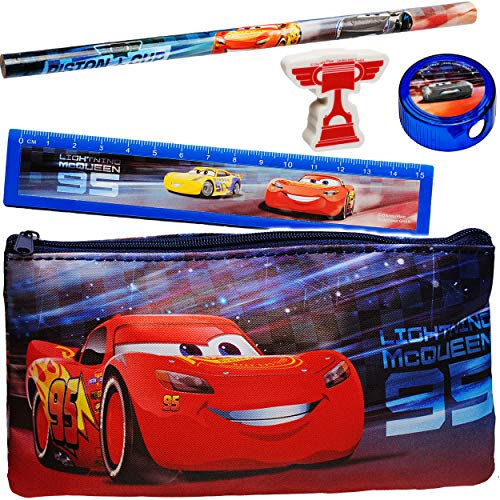 alles-meine.de GmbH 2 * 5 TLG. Schreibset Cars - Auto - Lightning McQueen Bleistift + Lineal + Radiergummi + Spitzer + Stiftemappe - Federmappe/Kinder - Set für die Schule ..