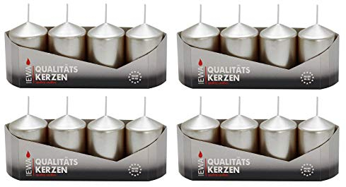 Ebersbacher Kerzenfabrik GmbH Stumpenkerzen Silber lackiert, 16 Stück (4 x 4 Stück), Größe ca. 40 x 60 mm Adventskerzen Weihnachtskerzen Säulenkerzen