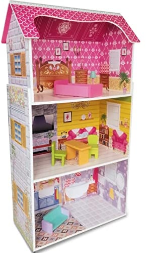 Teorema 40602 - Casa per le bambole in Legno con 3 piani e 5 stanze, Alta 96cm, con Arredo e Decorazioni