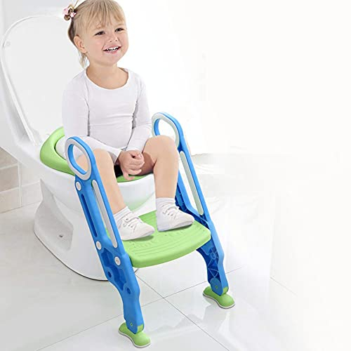 Sedile Per Wc Sedile Per Allenatore Con Scale, Sedile Per Wc e Bracciolo Pieghevole e Regolabile In Altezza Per Bambini Di 1-7 Anni(Blu), Riduttore Wc Per Bambini