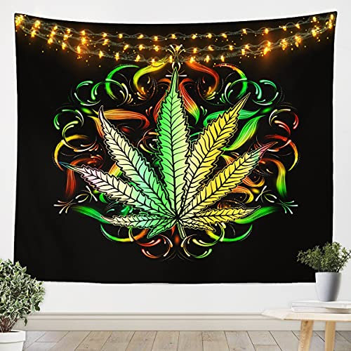 Loussiesd Cannabis Blätter Wandteppich 175x230cm Marihuana Blatt Wandbehang für Kinder Jungen Mädchen Mädchen Marihuana Gras Grünes Blatt Tapisserie Hanf Raumdekor Tapestry Blaugrün
