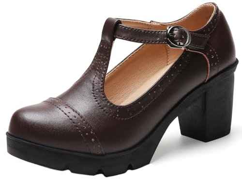 DADAWEN Women's T-Strap Platform Court Shoes Mid Heel Mary Jane Oxfords Dress Shoes Brown 4 UK