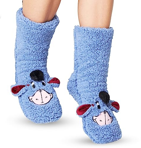 Disney Antirutschsocken Damen mit 3D-Ohren, One Size ABS Kuschelsocken Damen Antirutsch Haussocken Winter Frauen Geschenke (Blau Sherpa Eeyore)