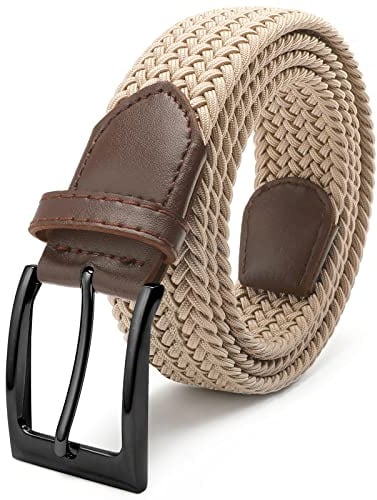 Fairwin Cintura Uomo, Cintura Elastica Intrecciata per Uomo, Confortevole Tessuto Elastico Stretch per Jeans Pantaloni (Beige (Fibbia Nero), L: 115cm (vita 90-100cm/36-40))