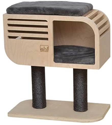 EBI, Griffoir Atlas 60 Beige/Anthracite, Griffoirs de 90 mm et sisal de 5,2 mm d'épaisseur, Coins arrondis et Trous d'observation, avec Coussins Doux en Fausse Fourrure de Lapin, Design hollandais