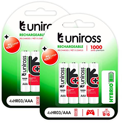 Uniross Pile Ricaricabili Hybrio Ministilo AAA / HR03 Ni-MH 1,2V 900mAh - 2 blister da 4 batterie