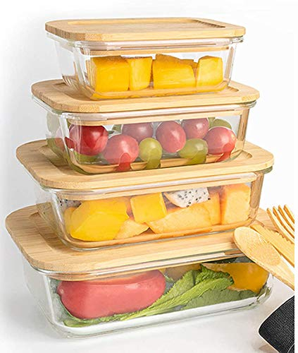 Zahran Glass Food Container 6pk Set Rectangular Food Storage Containers With Eco-Friendly Airtight Bamboo Wood Lids -Plastic-Free, Heat And Cold Resistant Glass Ideal For Lunch, Meal Prep Baking