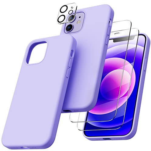 ORNARTO Compatible with iPhone 12 Case, iPhone 12 Pro Case, with 2 x Screen Protector + 2 x Camera Lens Protector, Slim Liquid Silicone 3 Layers Full Covered Soft Gel Rubber Case Cover-Light Purple
