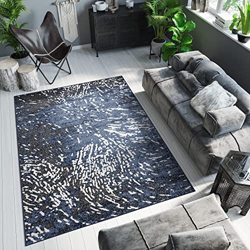 TAPISO Breeze Teppich Kurzflor Modern Dunkelblau Schwarz Flecken Meliert Vintage Wohnzimmer Schlafzimmer 3D Optik ÖKOTEX 140 x 200 cm