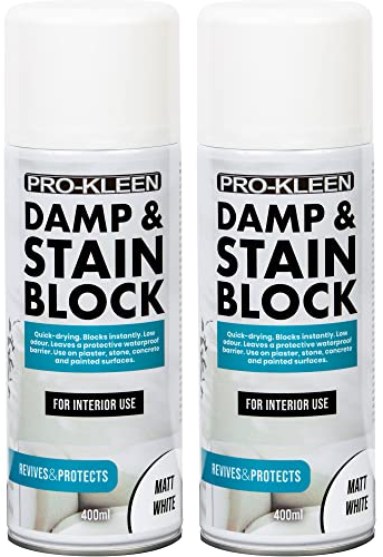 Pro-Kleen Damp & Stain Block Spray Paint Primer White Matt 2 x 400ml - Covers Damp, Mould, Grease, Nicotine & Rust Stains - for Walls & Ceilings - Leaves a Waterproof Barrier