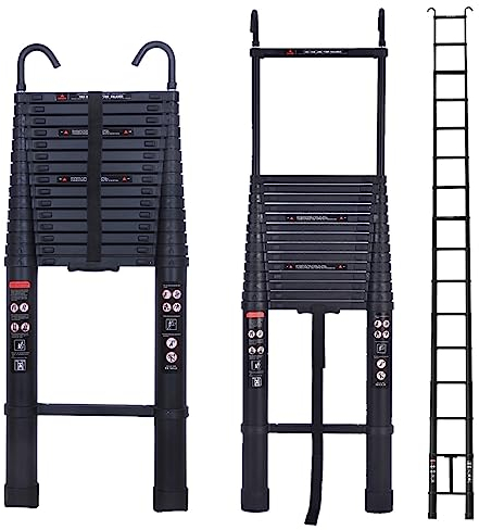 6,2 m Teleskopleiter, Aluminium-Klappleiter mit abnehmbaren Haken, Dachbodenleiter, zusammenklappbare Leiter für Zuhause, Geschäft, Dach, Wohnmobil, Outdoor-Aktivitäten, EN131 CE-Normen (schwarz)